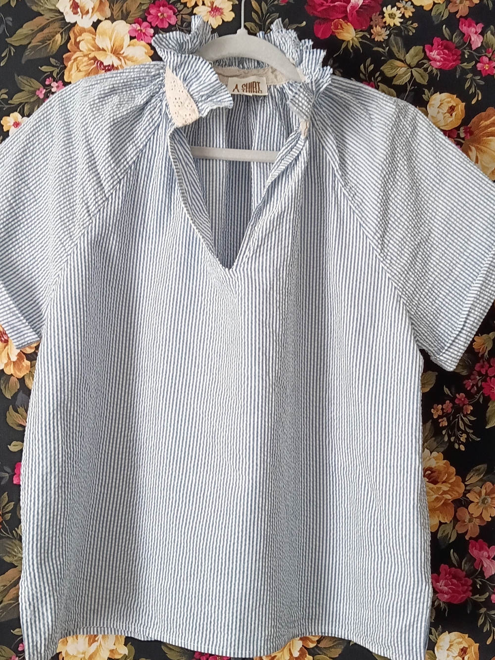 A Shirt Thing Light Blue Striped Women's Ruffle Collar Top